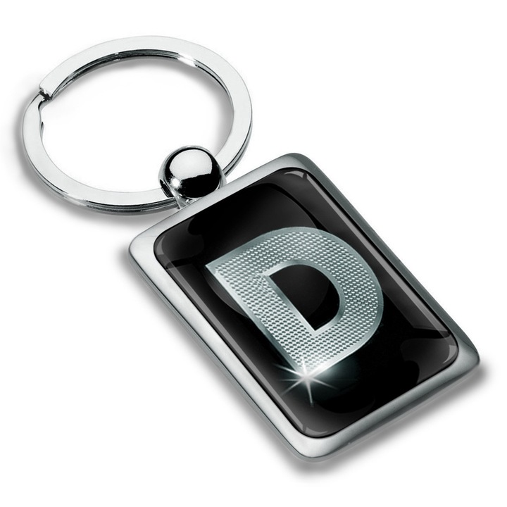 Breloc metalic dreptunghiular cu cutie cadou, Biomar Labs, Litera D, AZ, unisex, 3D, Argintiu/Negru, KK 82