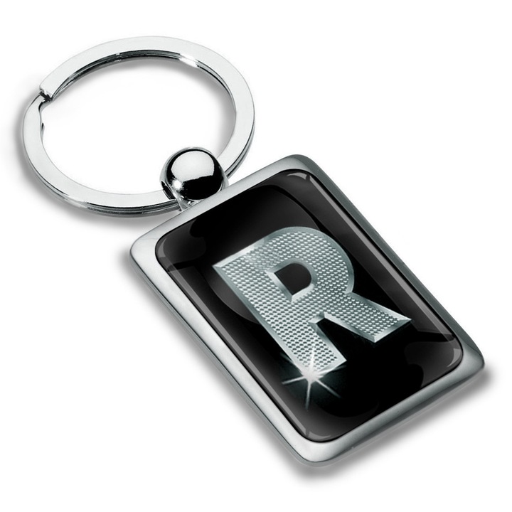 Breloc metalic dreptunghiular cu cutie cadou, Biomar Labs, Litera R, AZ, unisex, 3D, Argintiu/Negru, KK 96