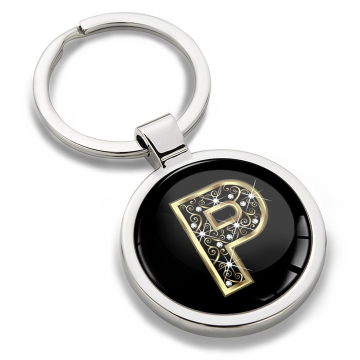 Breloc metalic cu cutie cadou, Biomar Labs, Litera P, AZ, unisex, 3D, Negru/Auriu, KK 68