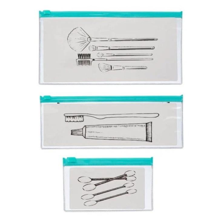 Set de porfarduri pentru calatorii, 3 buc, transparent/turcoaz, 23.7x8, 7cm, 23.7x12cm si 12x7cm