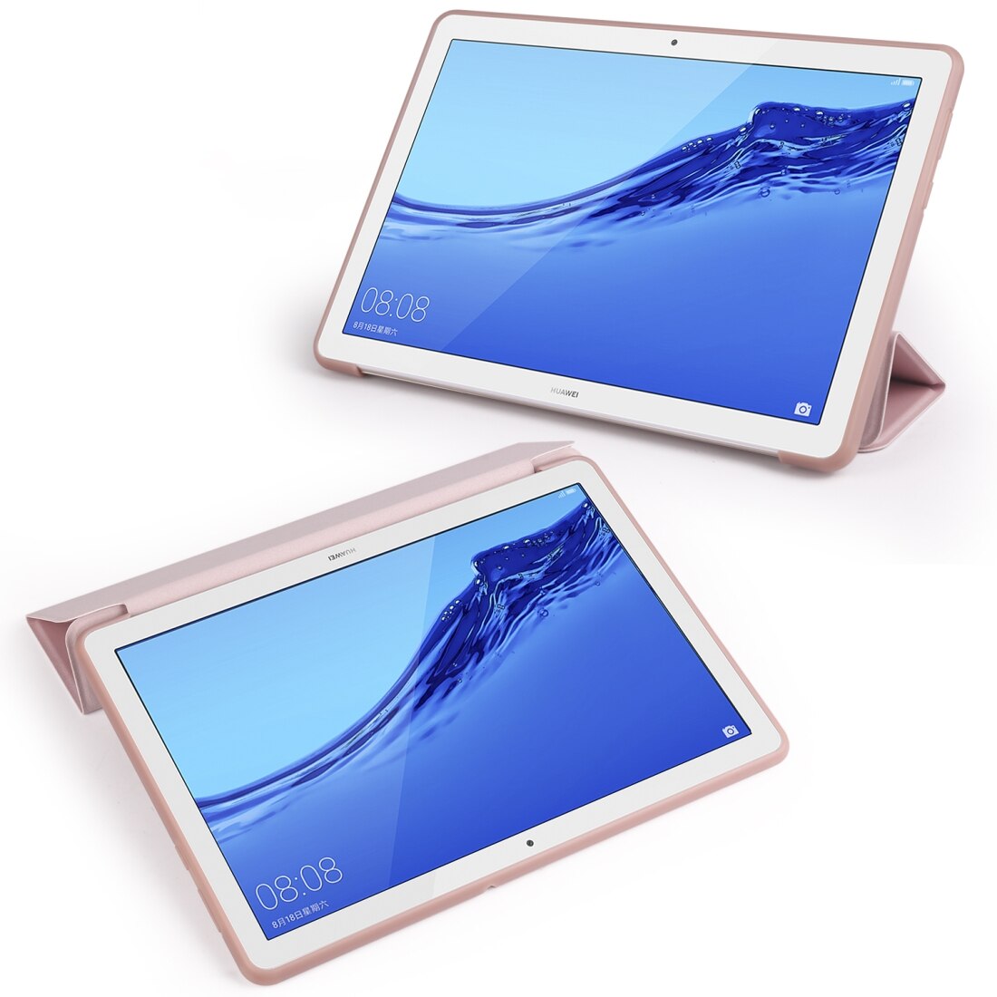 Husa tableta pentru Huawei MediaPad T5 10 inch, piele PU + TPU, design tip carte 3 plieri cu suport, margini anti-soc, roz aurie