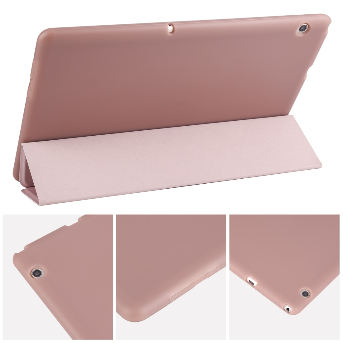 Husa tableta pentru Huawei MediaPad T5 10 inch, piele PU + TPU, design tip carte 3 plieri cu suport, margini anti-soc, roz aurie