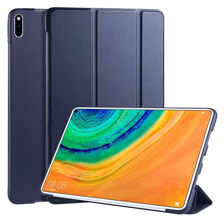 Husa tableta pentru Huawei MatePad Pro 10.8 inch, piele PU + TPU, tip carte cu suport, margini anti-soc, pliere 3-folding, albastru inchis
