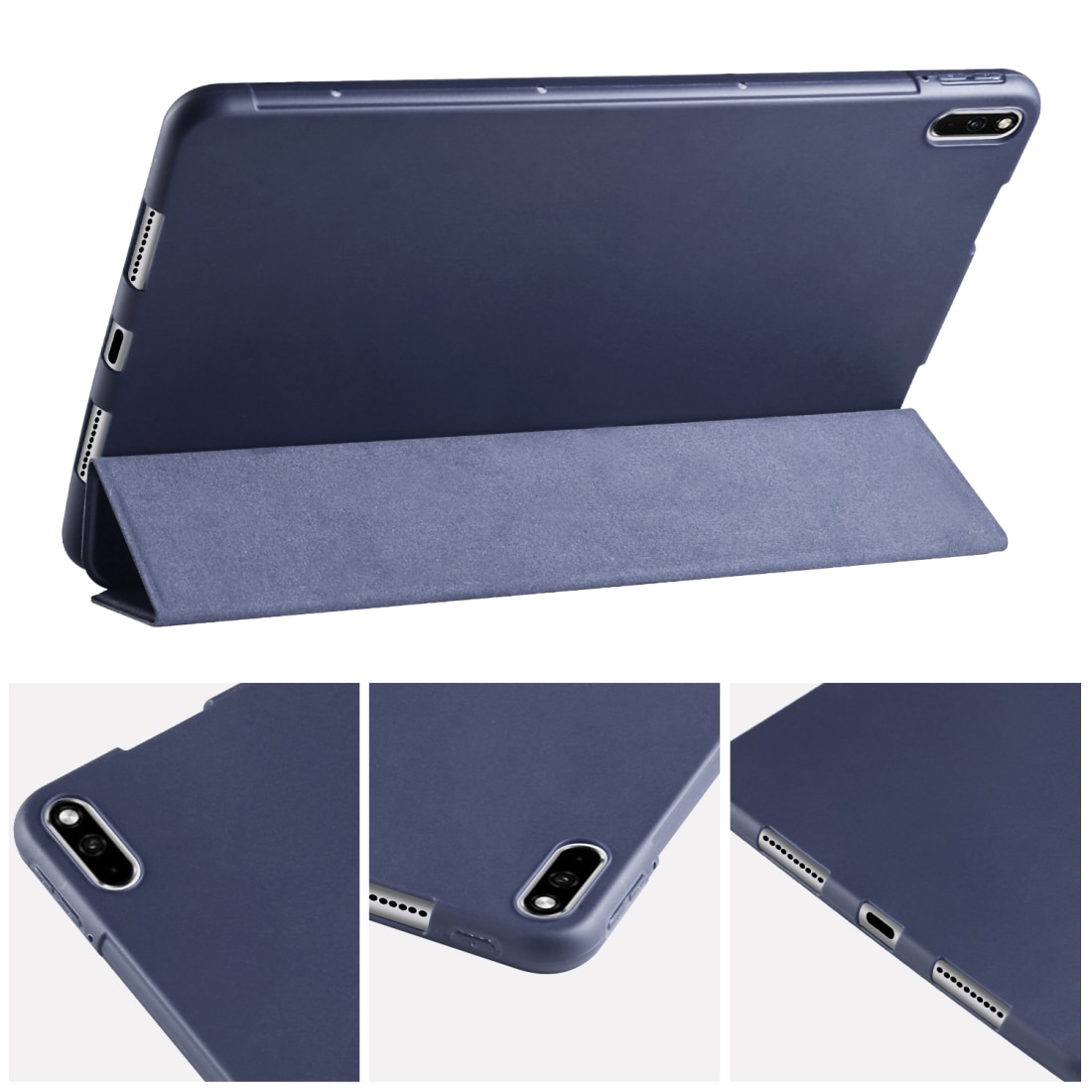 Husa tableta pentru Huawei MatePad Pro 10.8 inch, piele PU + TPU, tip carte cu suport, margini anti-soc, pliere 3-folding, albastru inchis