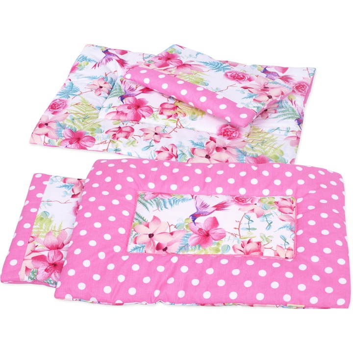 Set lenjerie de pat pentru papusi cu perna, Bobo, bumbac, poliester, Multicolor, 45 x 34 cm