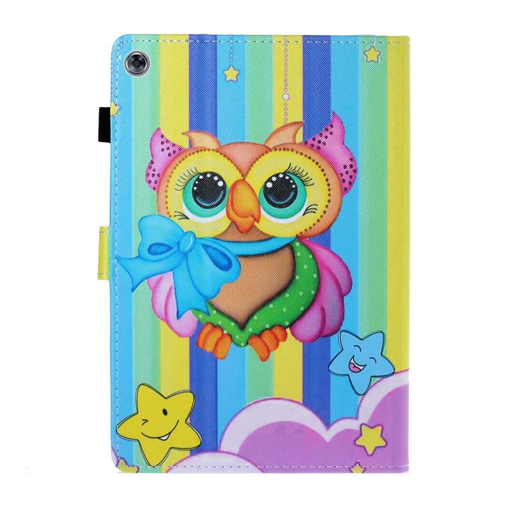 Husa tableta pentru Huawei MediaPad M5 Lite, desen colorat, tip carte cu suport si slot card, functie auto sleep/wake (Bufnita colorata)