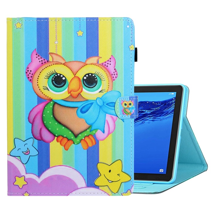 Husa tableta pentru Huawei MediaPad M5 Lite, desen colorat, tip carte cu suport si slot card, functie auto sleep/wake (Bufnita colorata)