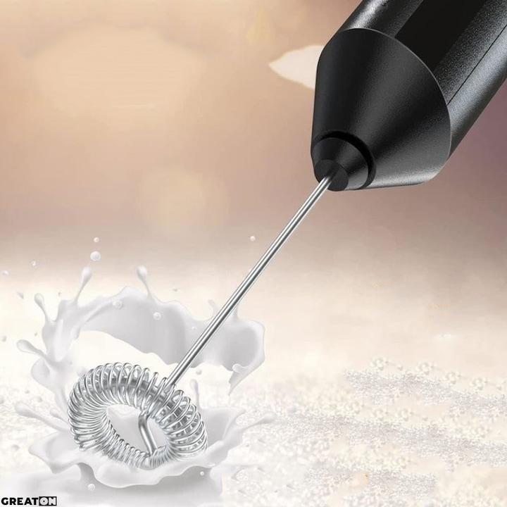 Mixer Spuma De Lapte GREATON, Plastic + Inox, Varf Spiralat, Suport, Functionare Pe Baterii, Usor De Folosit, Ideal Pentru Frappe, Matcha, CIocolata Calda, Cafea, Latte, Cappuccino, Negru