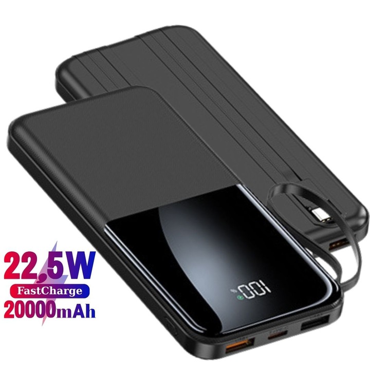 Baterie Externa Portabila AHA PRINT®, Powerbank cu Incarcare Rapida PREMIUM, Acumulator 20.000 mAh, Type C, 2 x USB, 2 x USB-C PD, 1 x Lightning, Putere 22.5W MAX, Incarcare Simultana, Telefon, Tableta si Gadgeturi, pentru Avion, 146*69*30 mm, Negru