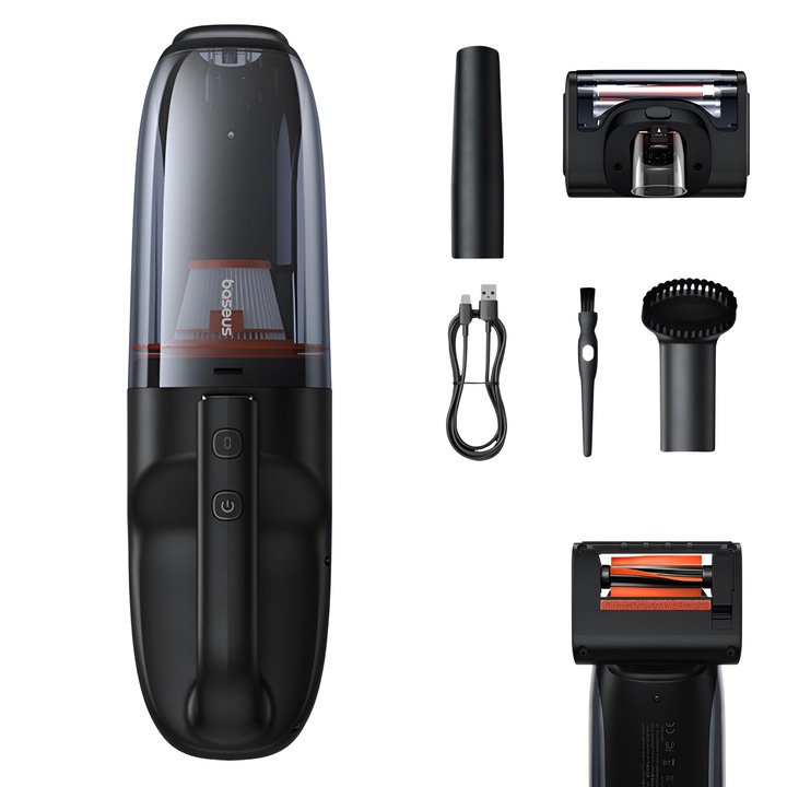 Преносима прахосмукачка за кола Baseus AP02, висока всмукателна мощност 6000Pa, за тапицерия, килими, вградено LED осветление, почистване на домашни любимци, безжична, 10000mAh, зареждане USB-C, черна