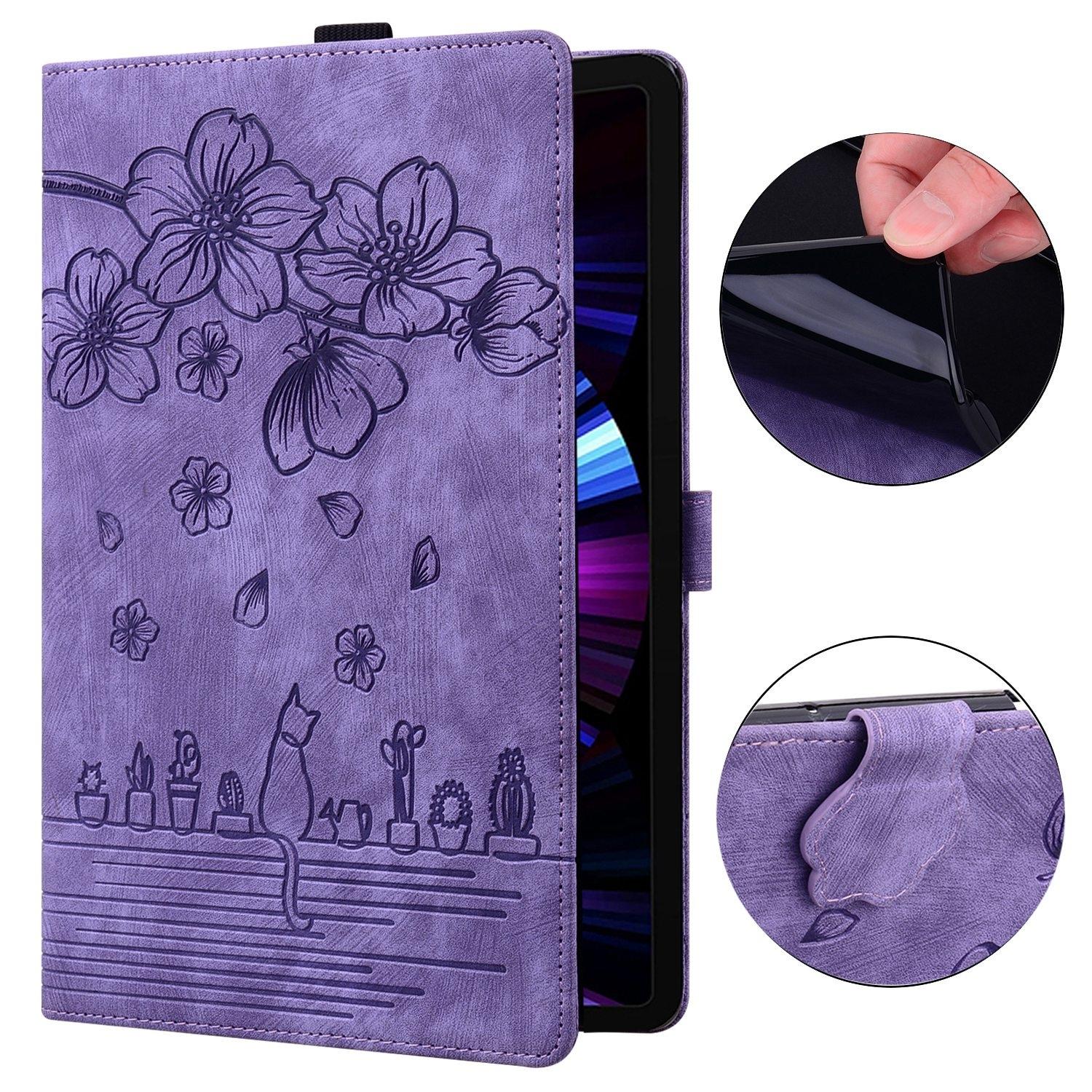 Husa tableta pentru Honor Pad X9a / X9 Pro, model cartoon cu motive de cirese si pisici, din piele gravata, culoare mov