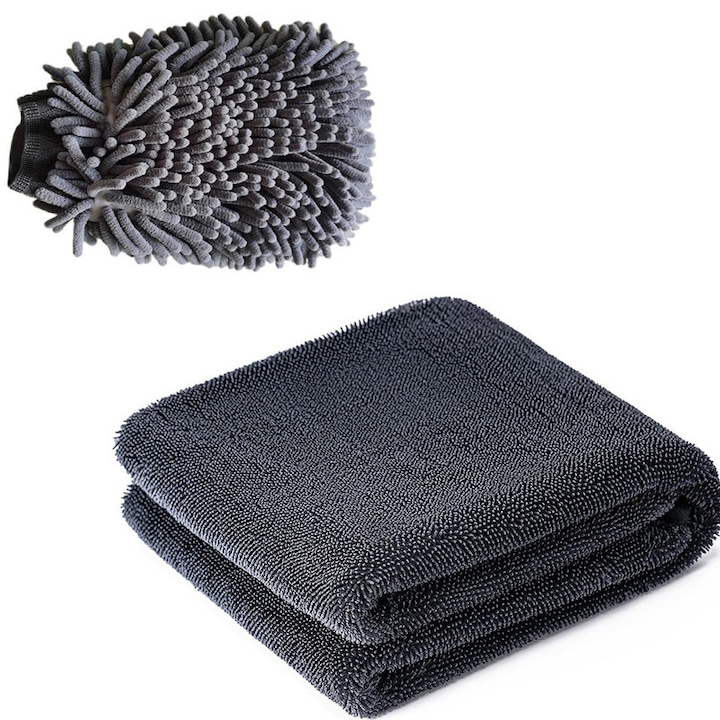 2 darabos autószárító törölköző szett, 60x90cm, 20x25cm, szürke, szuper nedvszívó