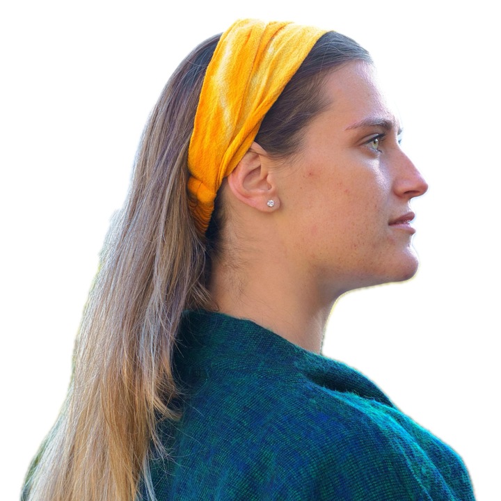 Színes pamut fejpánt, batikolt, rugalmas, jógához, meditációhoz, hippi és bohém stílushoz, kézzel készített bandana Nepálban (sárga, univerzális méret)