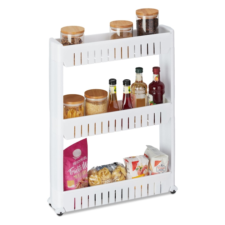 Etajera ingusta cu 3 rafturi si roti, pentru spatii mici, organizator mobil pentru bucatarie, baie sau camara, alb, 71 x 12.5 x 54 cm