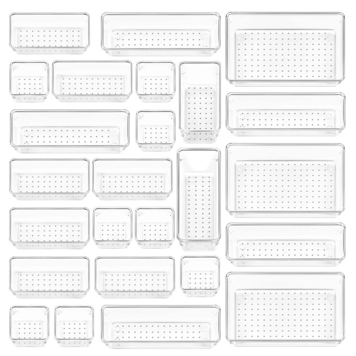 Set organizator sertare, 25 piese, multifunctional, multidimensiune, plastic transparent, antiderapant