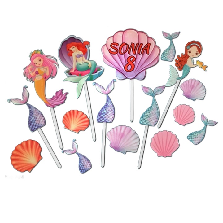 Topper tort copii Ariel si Sirene – Set 16 buc, Reutilizabil, Lemn MDF, Decor tort aniversare