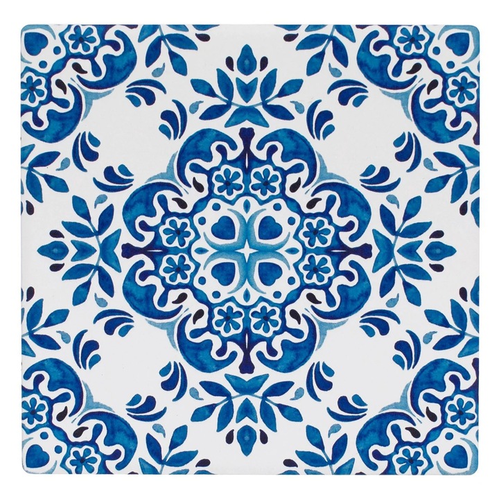 Kerámia Pohártartó Fehér Kék Csempékkel 10x10cm 4 db