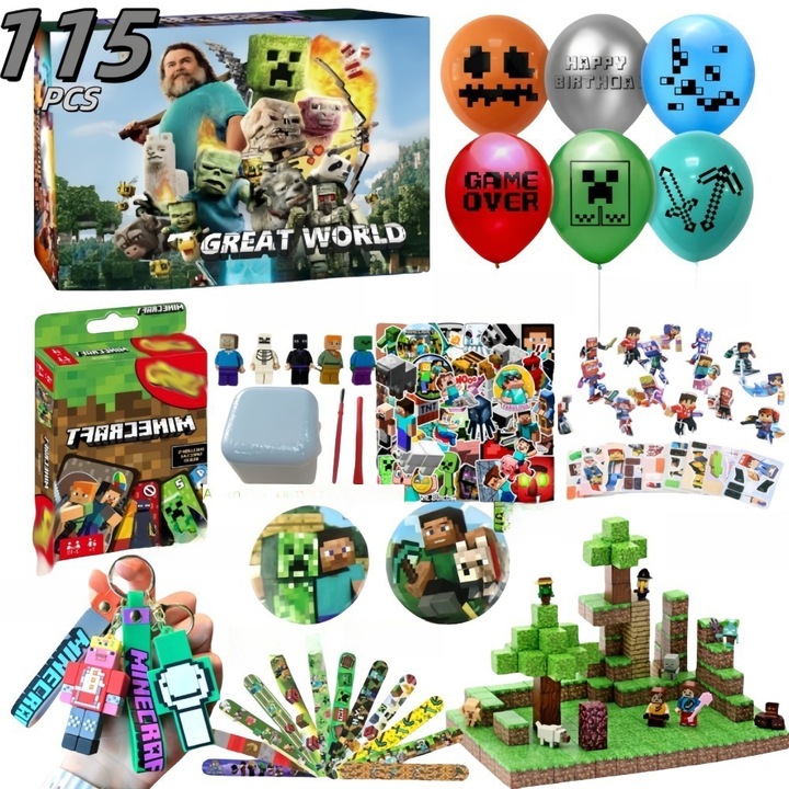 Комплект за парти Minecraft 115 части пикселна тема за декорации за рожден ден Детски парти консумативи Комплект за подаръци „Направи си сам“ играчки и декоративни подаръци Комплект аксесоари на тема игра играчки изненада + картичка + ключодържатели