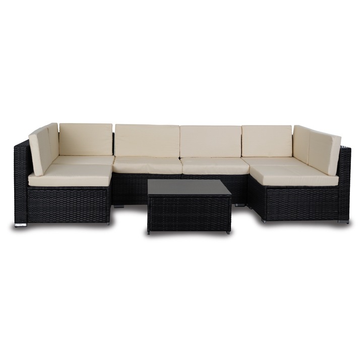 Градински комплект Corciano Pedro, 7 части, техноратан, черен, екрю възглавници, маса 66x65x33см, ъглов диван 281x141x76см