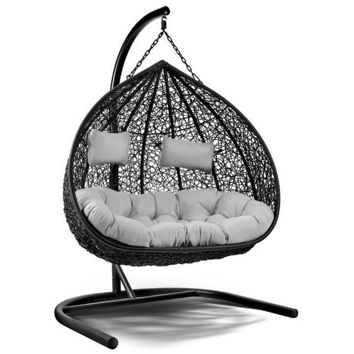 Fotel suspendat Corciano Lilia, 2 persoane, gri, 132x118x75cm, set cu suport, perne si carlig