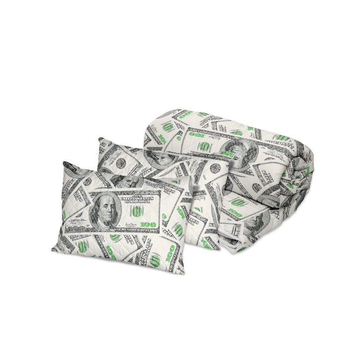 Steppelt paplanhuzat-szett 2 főre 200x220 cm és 2 db mintás párna 50x70 cm NufJoy® Dolar, töltet 250 g/m2 antiallergén szilikonozott pehely, mikroszálas huzat, közepesen meleg