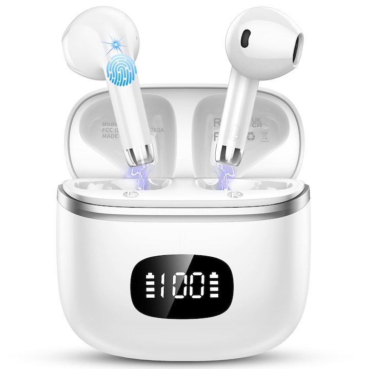 Bluetooth fülhallgató, vezeték nélküli Bluetooth 5.3 fejhallgató mikrofonnal és 4 Enc zajszűréssel, Hifi sztereó vezeték nélküli fülhallgató, 40 óra lejátszási idő, LED kijelző, fülhallgató munkához, játékhoz, sporthoz, fehér