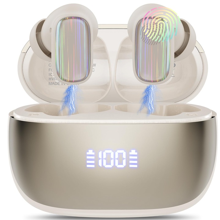 Conyat Bluetooth fejhallgató, vezeték nélküli, Bluetooth 5.4, 4 Enc zajcsökkentő mikrofonnal, 40H, mély basszus, IP7 vízálló, LED kijelző, krémszínű