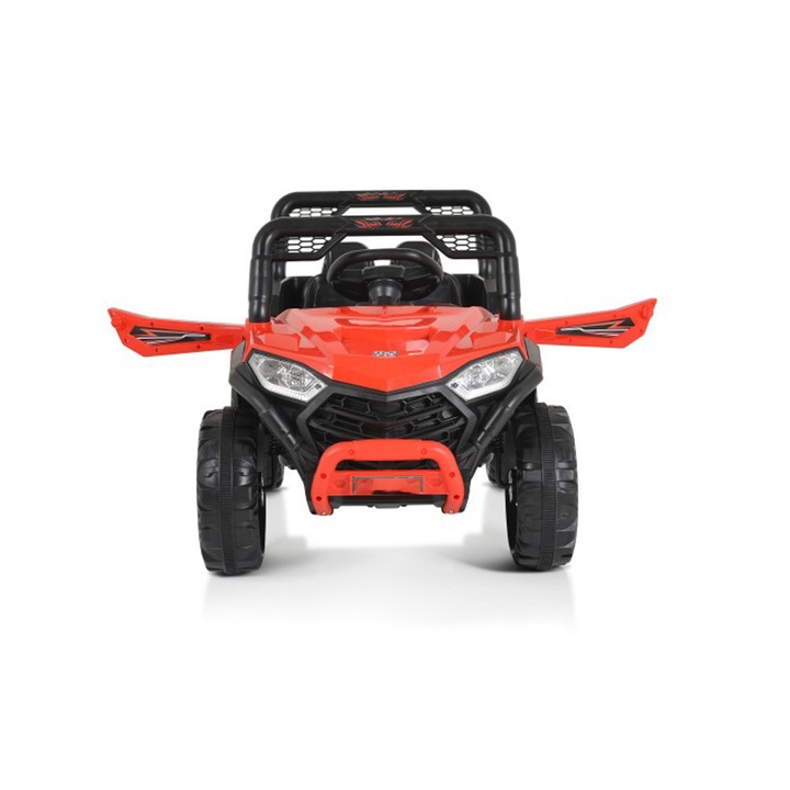 Електрическа детска кола бъги, OFFROAD, родителски контрол чрез дистанционно управление, предпазен колан, 2 врати, 2 двигателя, включени батерии, здрава рамка, система против преобръщане, възраст 3-7 години, червена