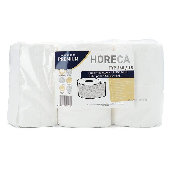 Papier toaleta 3 straturi HORECA PREMIUM JUMBO MINI, 28m, 260 foi, alb, set 12 bucati