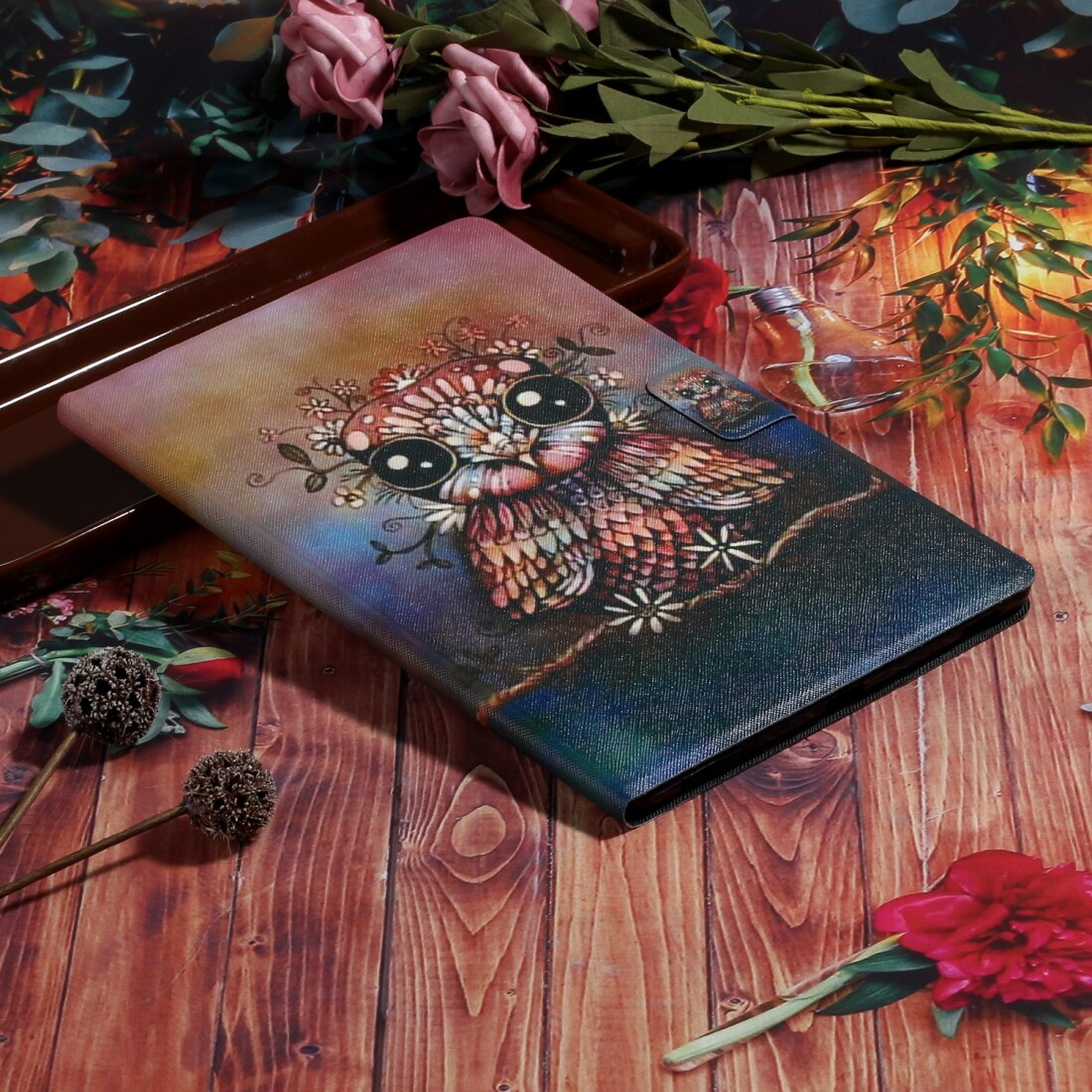 Husa tableta pentru Huawei MediaPad T3 10, desen colorat, tip carte cu suport si slot pentru carduri, functie somn/trezire, model bufnita, piele PU, violet