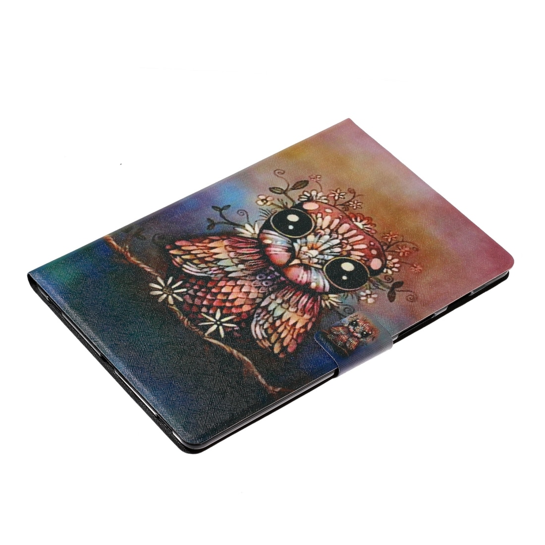 Husa tableta pentru Huawei MediaPad T3 10, desen colorat, tip carte cu suport si slot pentru carduri, functie somn/trezire, model bufnita, piele PU, violet