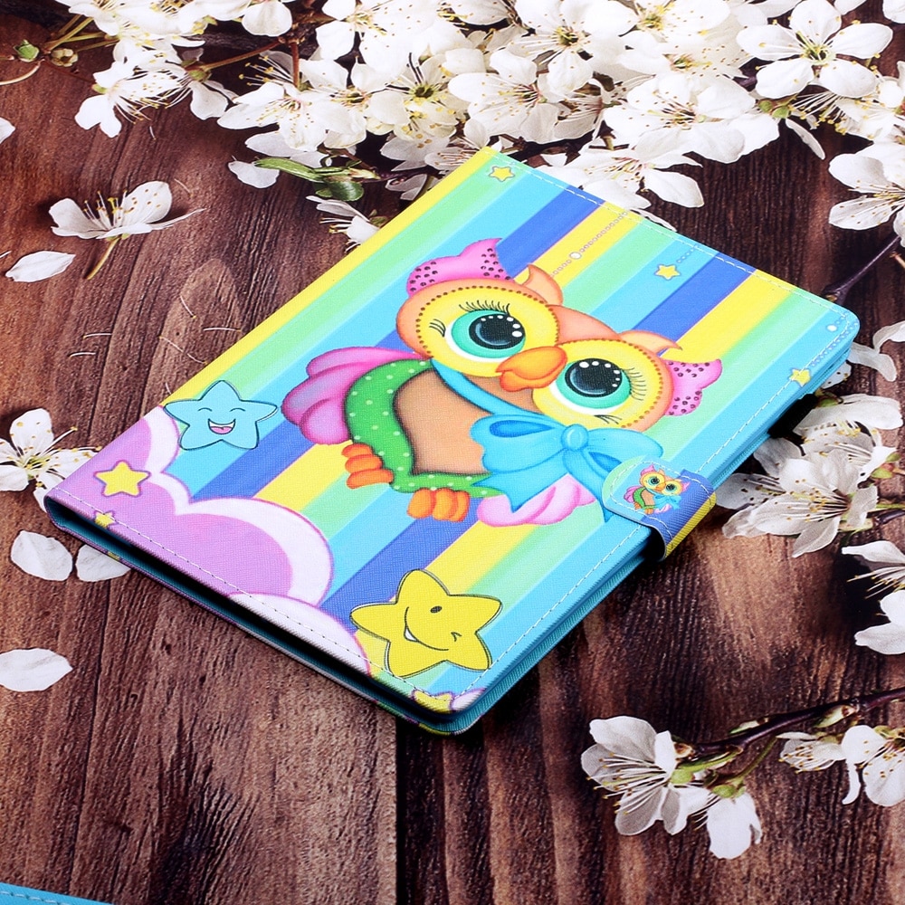 Husa tableta pentru Huawei MediaPad M5 Lite, desen colorat, tip carte cu suport si slot card, functie auto sleep/wake (Bufnita colorata)