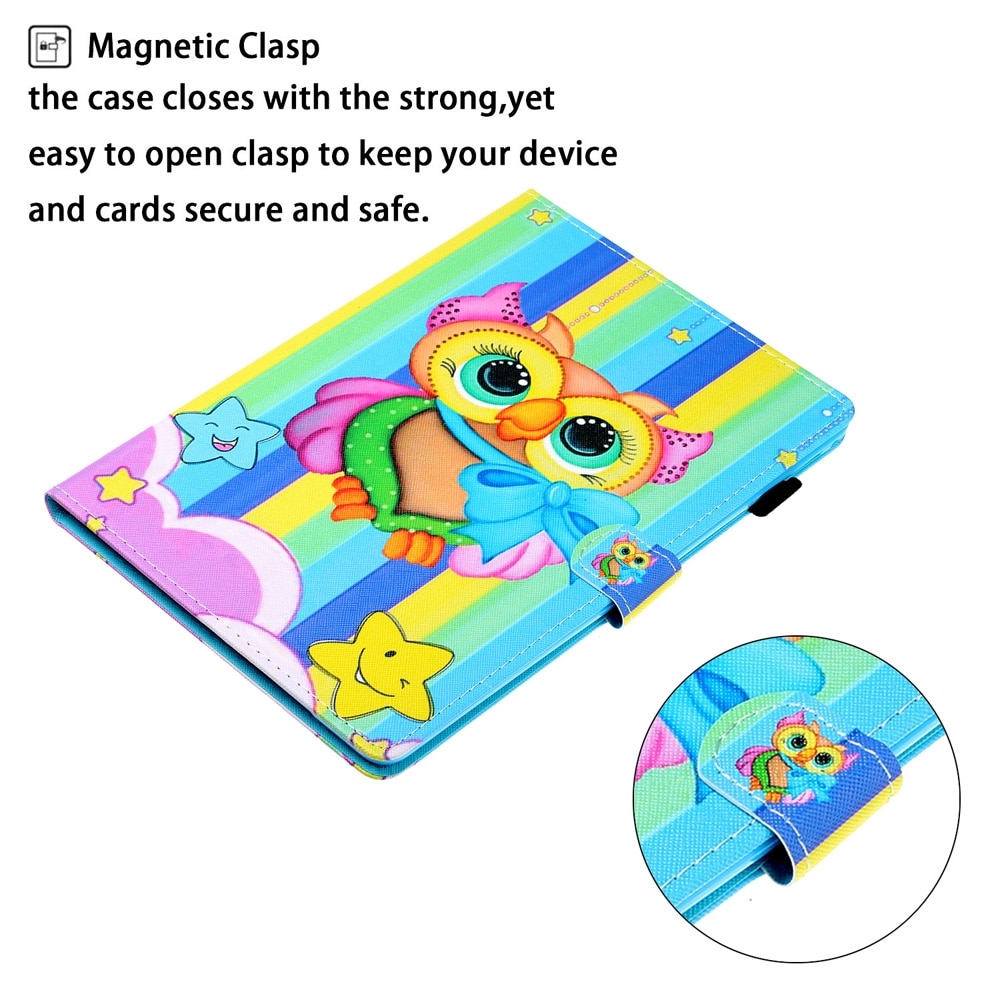 Husa tableta pentru Huawei MediaPad M5 Lite, desen colorat, tip carte cu suport si slot card, functie auto sleep/wake (Bufnita colorata)