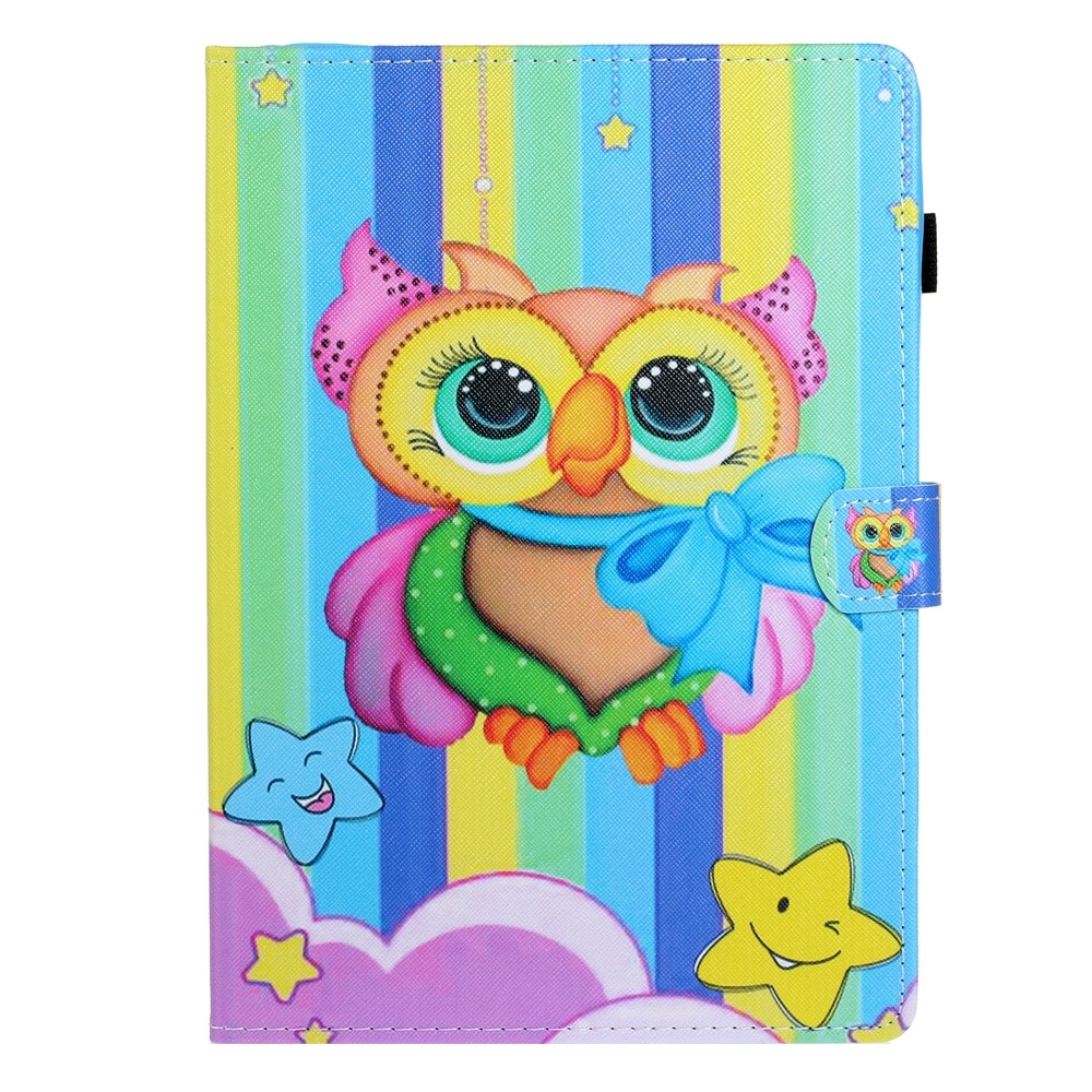 Husa tableta pentru Huawei MediaPad M5 Lite, desen colorat, tip carte cu suport si slot card, functie auto sleep/wake (Bufnita colorata)
