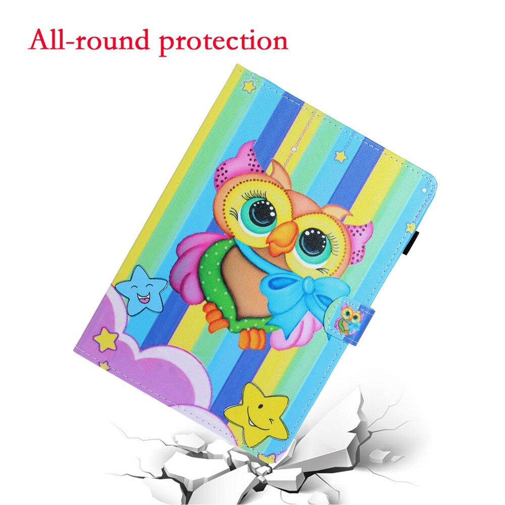 Husa tableta pentru Huawei MediaPad M5 Lite, desen colorat, tip carte cu suport si slot card, functie auto sleep/wake (Bufnita colorata)
