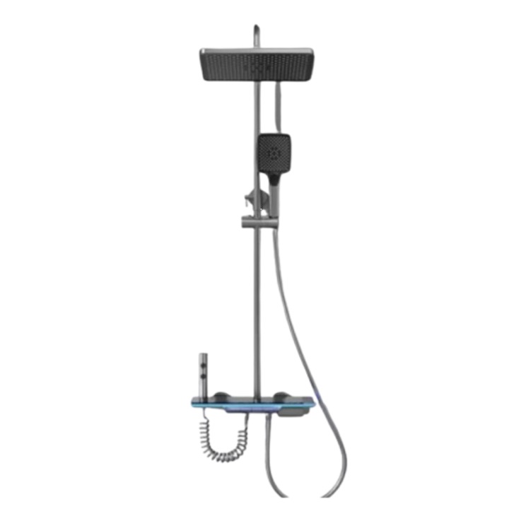 Set de dus cu Iluminare LED si afisaj Digital al Temperaturi, cu termostat si turbina generatoare de curent integrata, montare pe perete, 4 functii de curgere a apei, dus reglabil, fix tip ploaie, dus bideu, robinet, Grafit