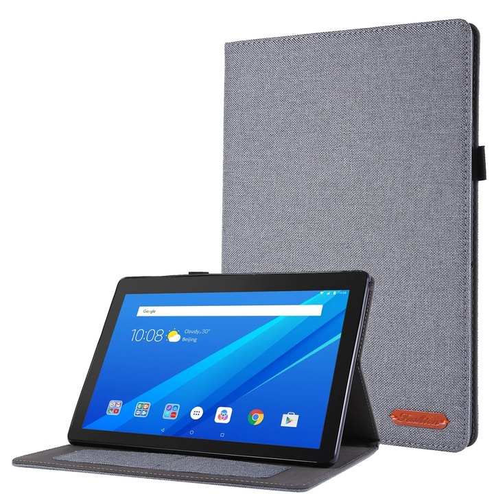 Husa tableta pentru Lenovo Tab M10, piele PU + TPU, tip carte orizontal, capac pentru cartela de vizita, Gri