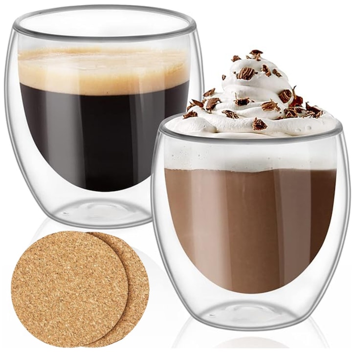 Set 2 pahare pentru cafea si ceai perete dublu 250 ml din sticla termorezistenta transparenta, cesti sticla pentru cafea, cappuccino, cafe latte, ice coffe, Ideas4Comfort, pahar sticla borosilicata premium, include 2 suporturi din pluta pentru pahar