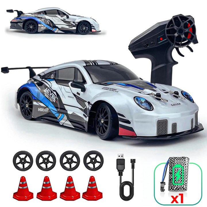 Timebox Távirányítós RC autó, Drift autó 1:24, 4WD, 20km/h, LED-ek, Cserélhető gumiabroncsok, 2 újratölthető akkumulátor, Sportos Design, Ideális ajándék gyermekeknek és felnőtteknek +7 év, Szürke