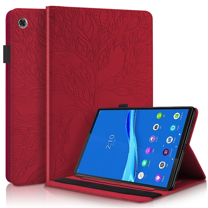 Lenovo Tab M10 Plus, Life Tree sorozatú tablet tok, vízszintes bőr talppal és kártya- és tolltartókkal (piros)