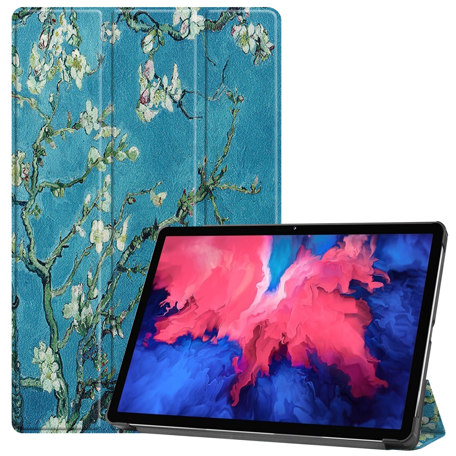 Husa tableta pentru Lenovo Tab P11 TB-J606F / TB-J607Z, piele inteligenta, tip carte cu suport, design Custer Painted, 3 plieri, floare de cais, apricot