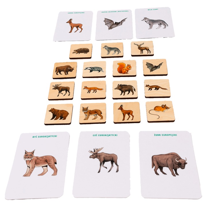 Дървена игра за памет, животни от полски гори, с 15 чифта