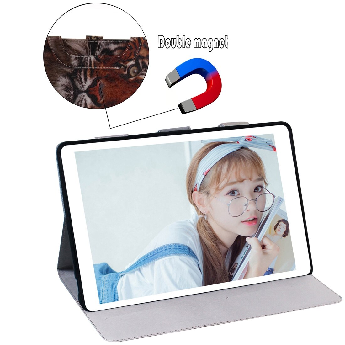 Husa tableta pentru Lenovo Tab M10 FHD Plus TB-X606, material piele PU, design orizontal cu desen colorat, suport si buzunar pentru carduri si portofel(Tigru Amur)