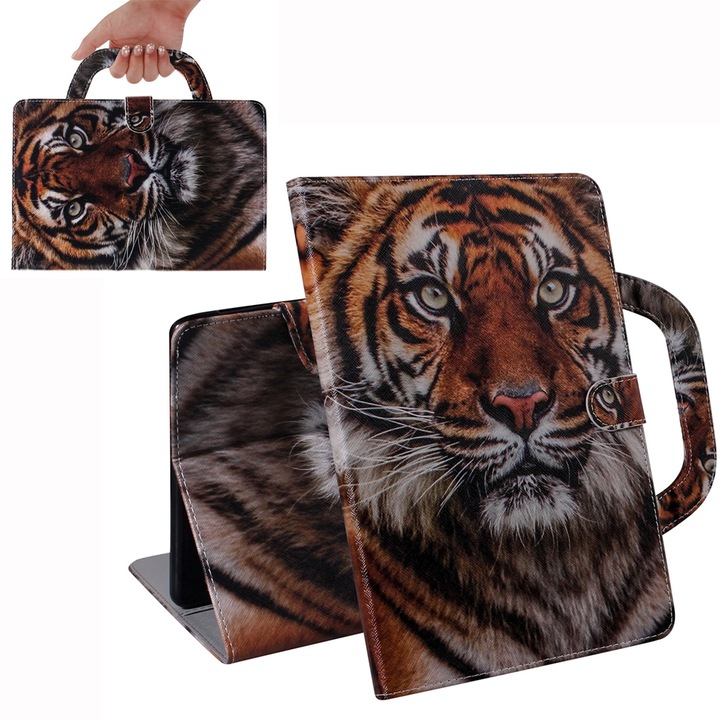 Husa tableta pentru Lenovo Tab M10 FHD Plus TB-X606, material piele PU, design orizontal cu desen colorat, suport si buzunar pentru carduri si portofel(Tigru Amur)