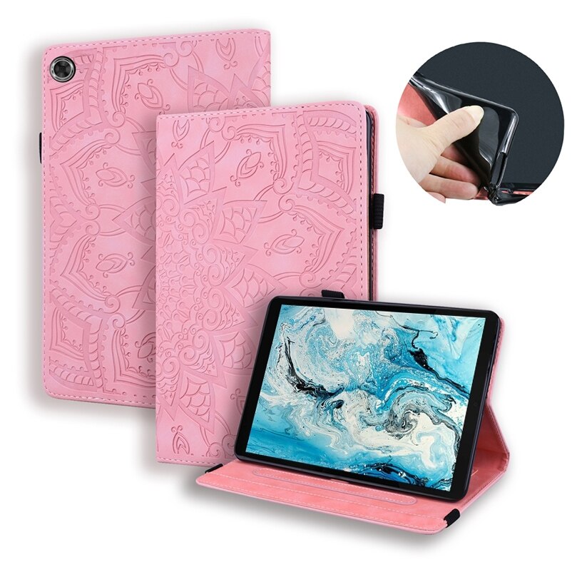 Husa tableta pentru Lenovo Tab M8 TB-8505F 8505X 8.0, model incrustat cu piele embosata, pliere dubla, suport, slot pentru carduri, buzunar pentru stilou, banda elastica (roz)