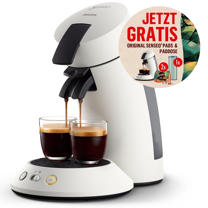 Aparat de cafea Philips Senseo Original Plus – Tehnologie Coffee Boost, selectare a puterii cafelei, rezervor de apa de 0, 7 L, functie de pornire si oprire directa, functie de doua cani, crema neteda (CSA210/10)