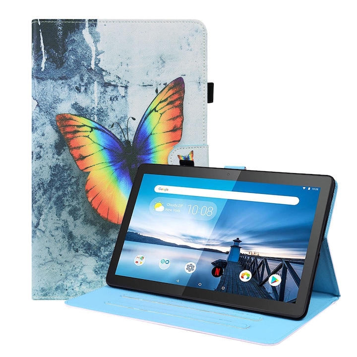 Husa tableta pentru Lenovo M10 FHD REL TB-X605FC / TB-X605LC, piele cu model animal, tip carte cu suport si sloturi pentru carduri si fotografii (fluture colorat)
