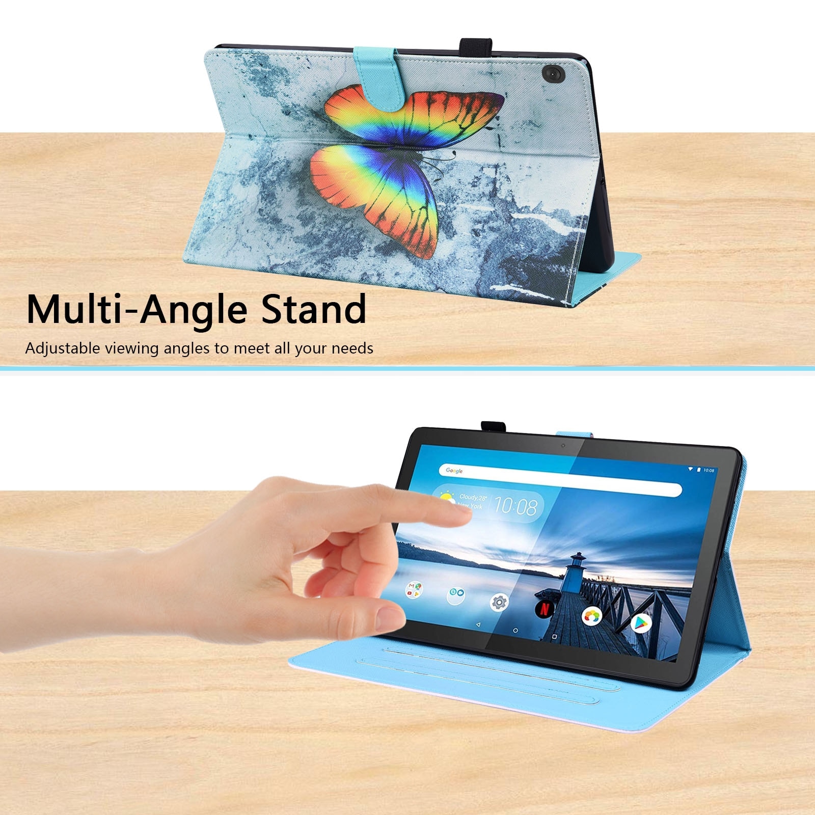 Husa tableta pentru Lenovo M10 FHD REL TB-X605FC / TB-X605LC, piele cu model animal, tip carte cu suport si sloturi pentru carduri si fotografii (fluture colorat)