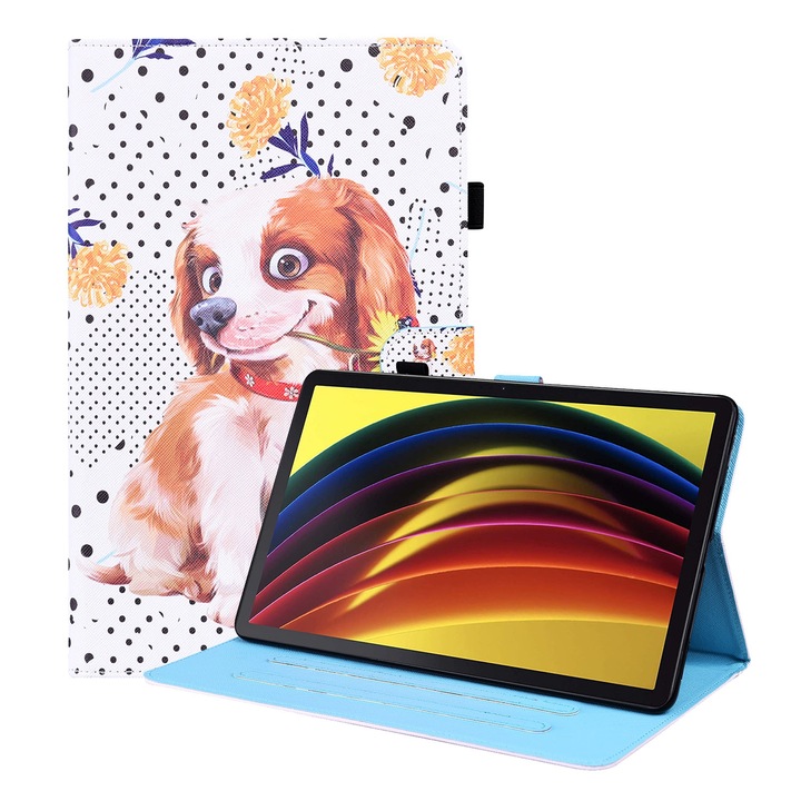 Husa tableta pentru Lenovo Tab P11 TB-J606F, model animalier, din piele, design orizontal cu suport si sloturi pentru carduri si fotografie(Caine Little Flower)