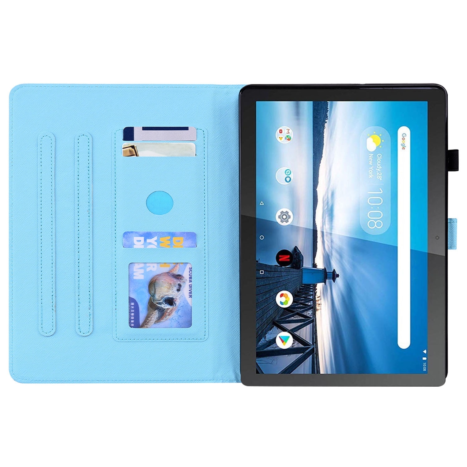 Husa tableta pentru Lenovo M10 FHD REL TB-X605FC / TB-X605LC, model cu model animal, din piele, tip carte cu suport si sloturi pentru carduri si cadru foto, Albastru